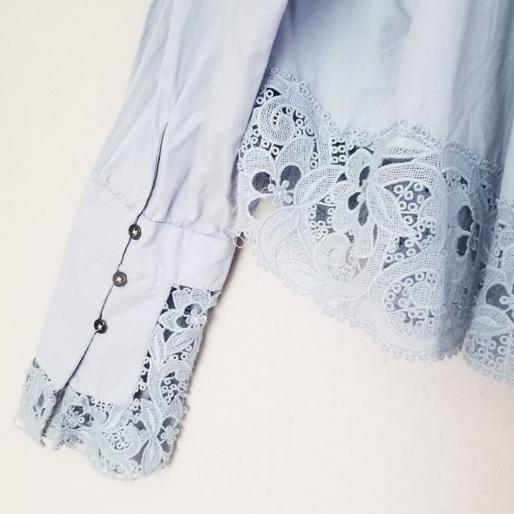 Free People Crochet Lace Trim Hooked On You Top Button Front Shirt Blue M $128 - Picture 14 of 16